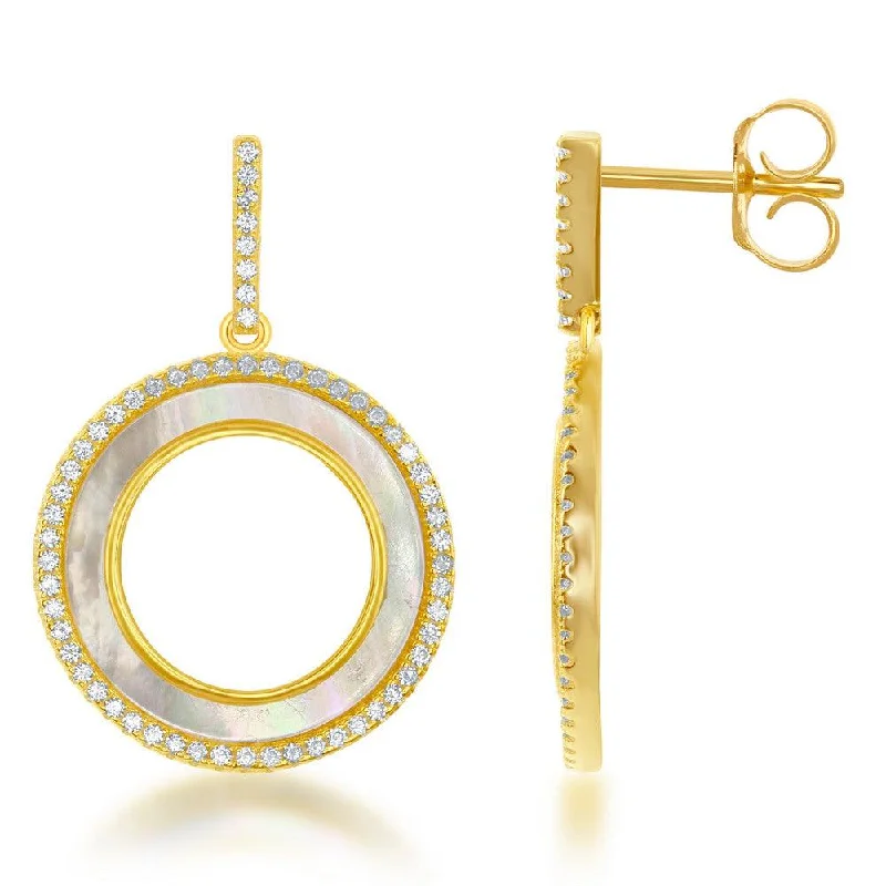 Classic Diamond Earrings-Sterling Silver Gold Plated MOP CZ Circle Earrings