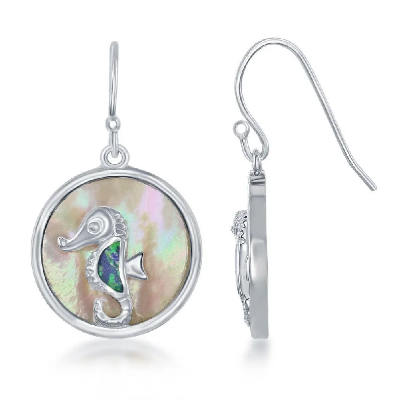 Abstract Shape Earrings-Sterling Silver Blue Inlay Opal Seahorse Earrings