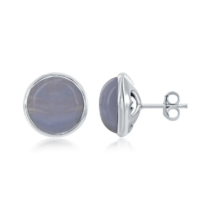 Artistic Pearl Earrings-Sterling Silver Round Blue Lace Agate Bezel Set Stud Earrings