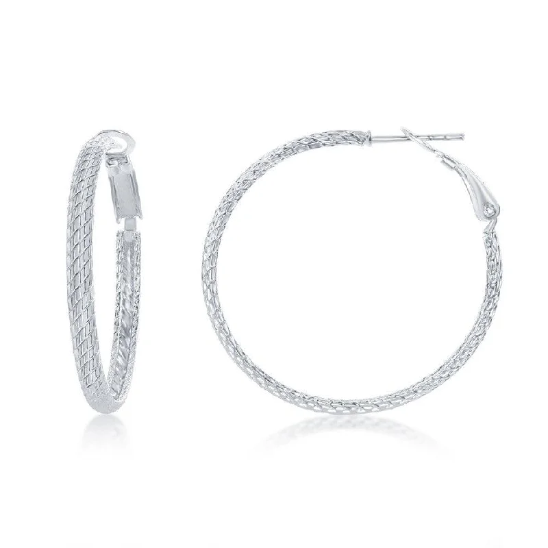 Elegant Leaf Earrings-Sterling Silver 35mm Diamond-Cut Hoop Earrings