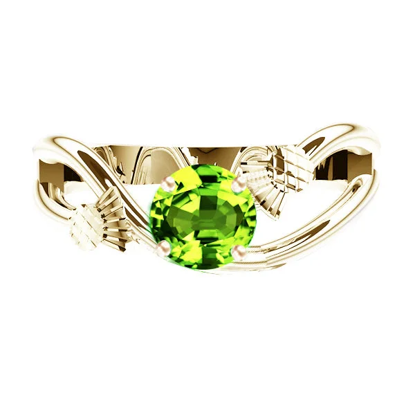 Gemstone Promise Ring-SCOTTISH THISTLE SWAY PERIDOT ENGAGEMENT RING IN YELLOW GOLD