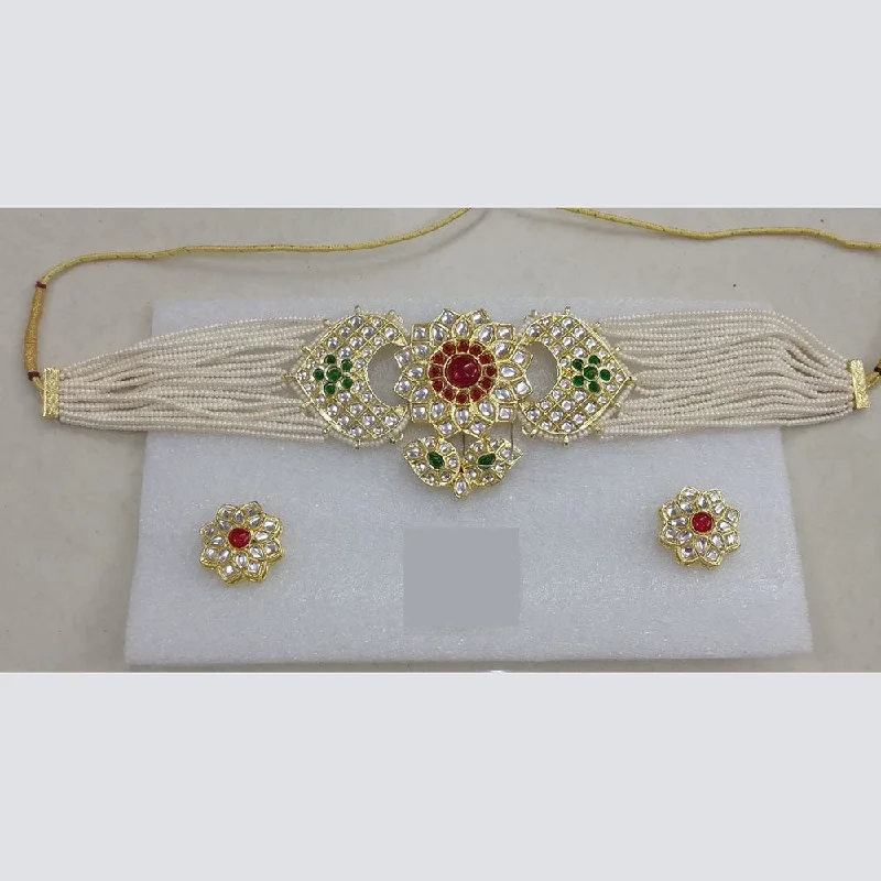 Simple Bar Necklace-Midas Touch Gold Plated Kundan And Pearl Choker Necklace Set