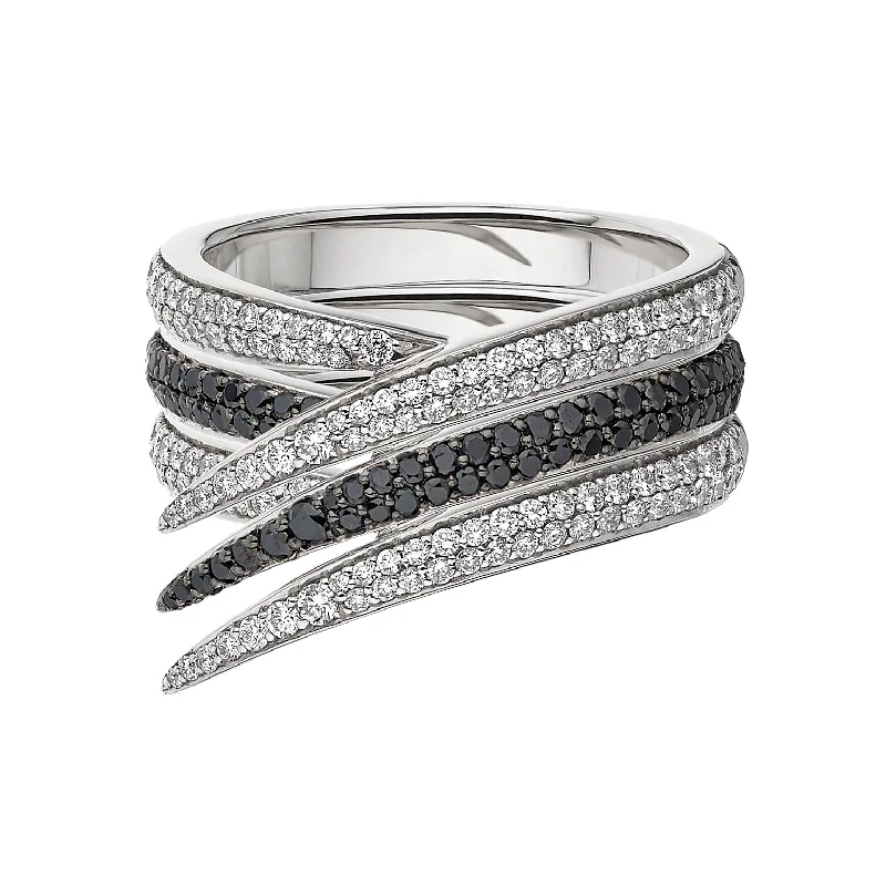 Silver Heart Shaped Ring-Interlocking Stacked Ring - 18ct White Gold & Black and White Diamond