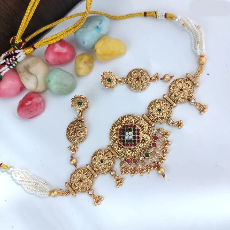 Rose Gold Pendant Necklace-Heera Jewellers Gold Plated Pota Stone And Pearls Choker Necklace Set