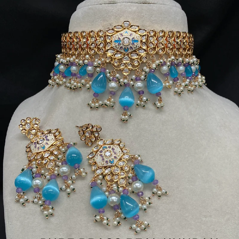 Vintage-inspired Choker Necklace-Amoliya Jewels Gold Plated Polki Kundan Choker Necklace Set