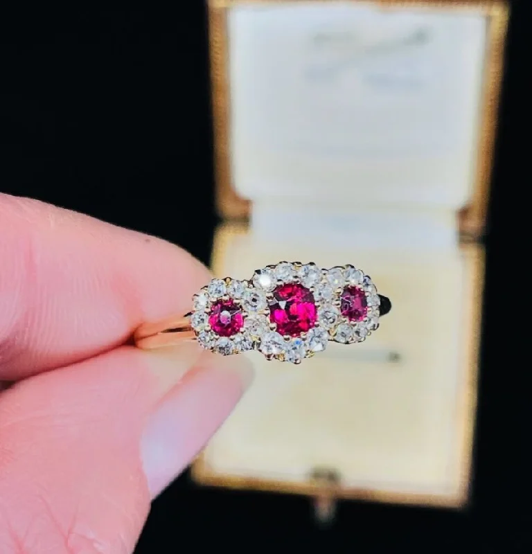 Custom Initial Ring-Victorian Ruby and Diamond Triple Round Cluster Ring