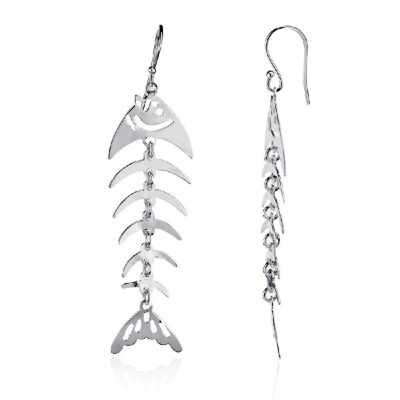 Bold Fashion Earrings-Sterling Silver Long Dangling Fish Skeleton Earrings