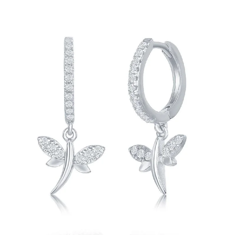 Statement Pendant Earrings-Sterling Silver Huggie Hoop CZ Dragonfly Earrings