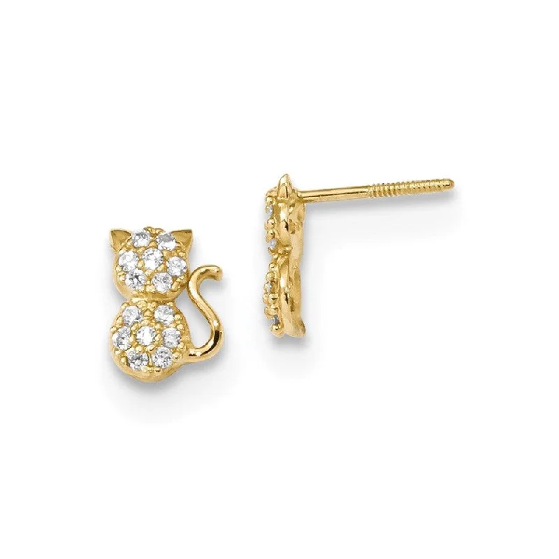 Bridal Wedding Earrings-Madi K Kid's 14k  Polished CZ Sitting Cat Screwback Post Earrings