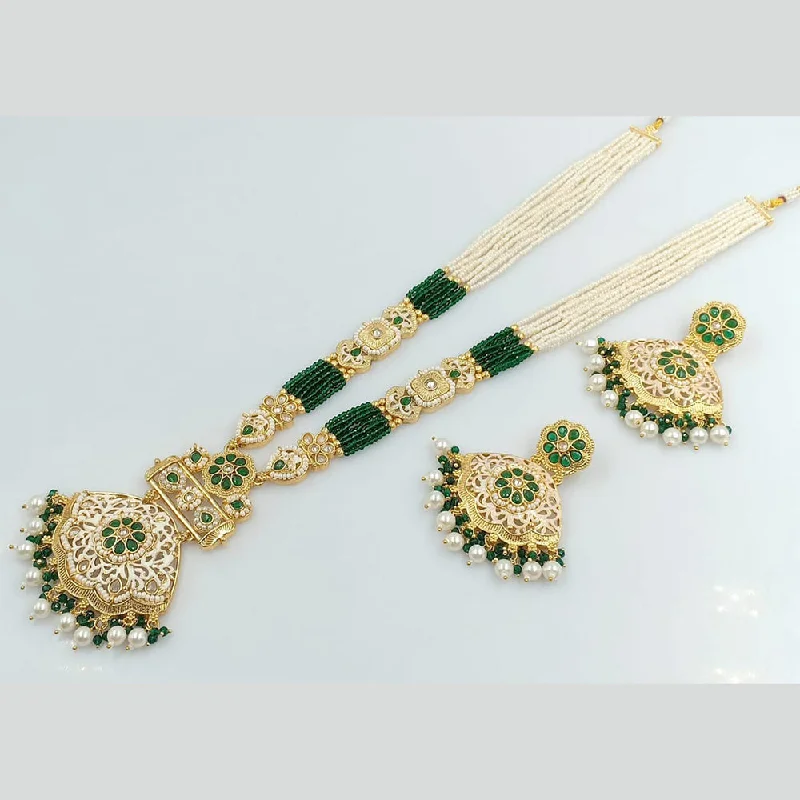 Custom Monogram Necklace-Rani Sati Jewels Gold Plated Pearl And Kundan Long Necklace Set