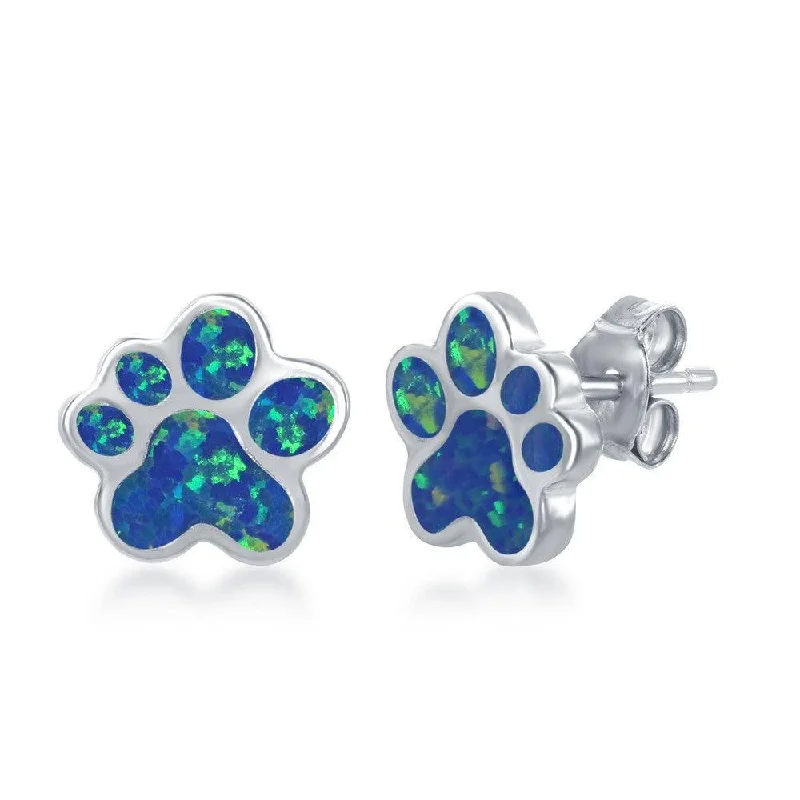 Designer Silver Earrings-Sterling Silver Blue Inlay Opal Paw Stud Earrings