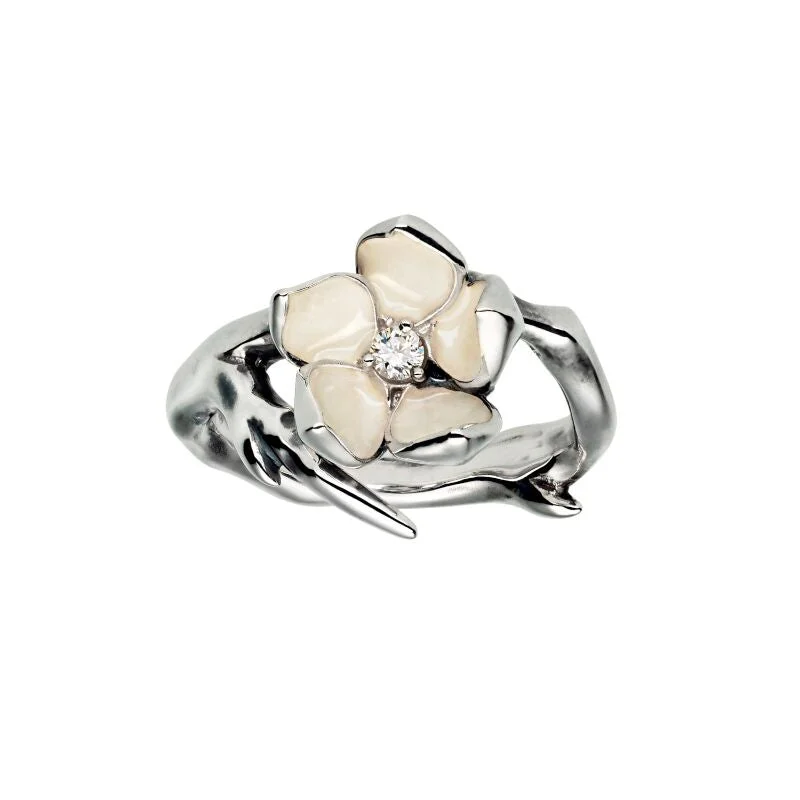 Gemstone Cocktail Ring-Cherry Blossom Flower Ring - Silver & Diamond