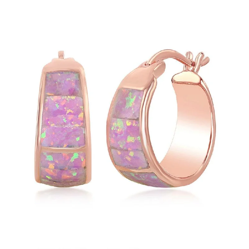 Luxe Drop Earrings-Sterling Silver Pink Opal Wide Squares Small Hoop Earrings - Rose Gold Plated