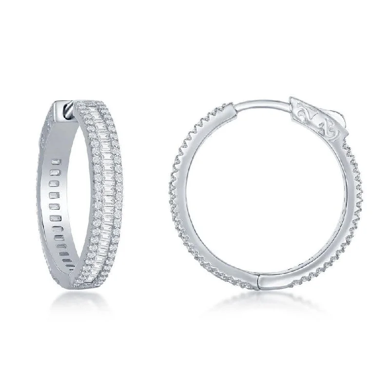 Statement Jewelry Earrings-Sterling Silver Baguette CZ 25mm Hoop Earrings