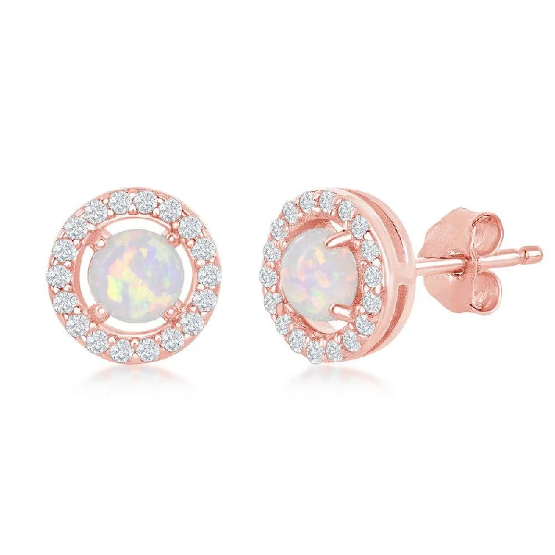 Gold Plated Earrings-Sterling Silver Rose GP Four-Prong White Opal Halo Earrings