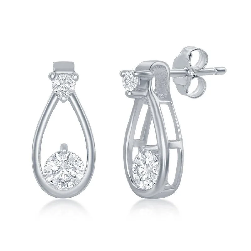 Elegant Statement Earrings-Sterling Silver Open Pearshaped Round CZ Stud Earrings