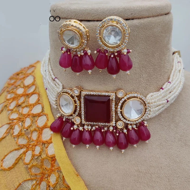 Gold Choker Necklace-Jewel Addiction Copper Gold Plated Polki Kundan And Pearls Kundan Necklace Set