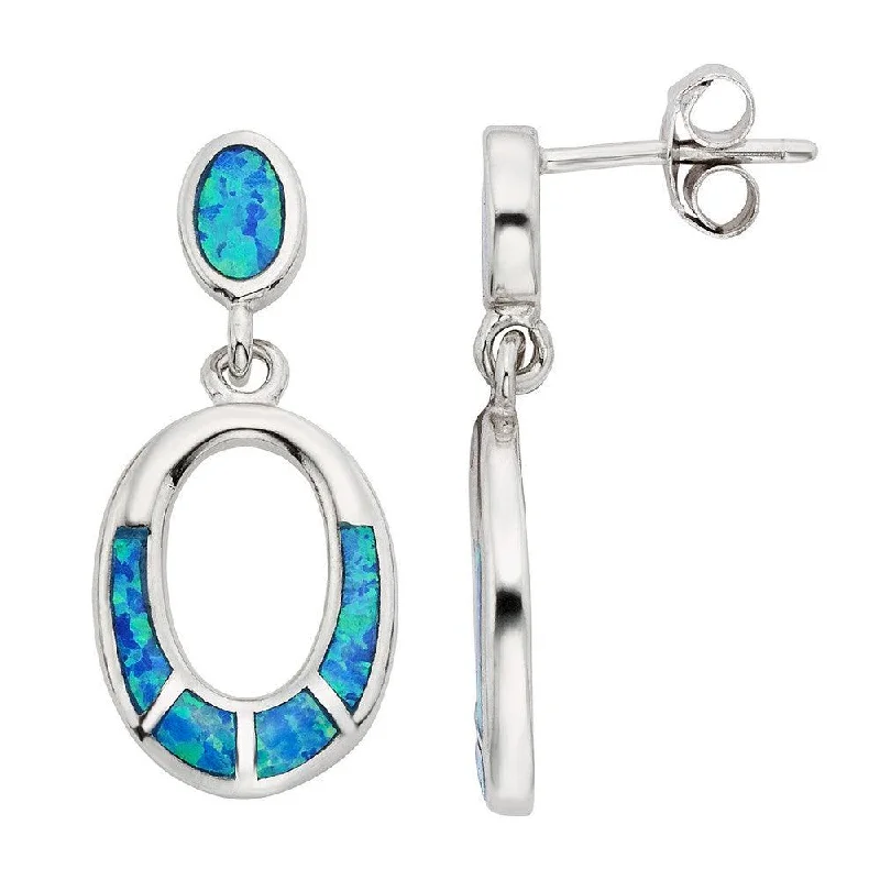 Handcrafted Hoop Earrings-Sterling Silver Blue Inlay Opal Open Oval Earrings