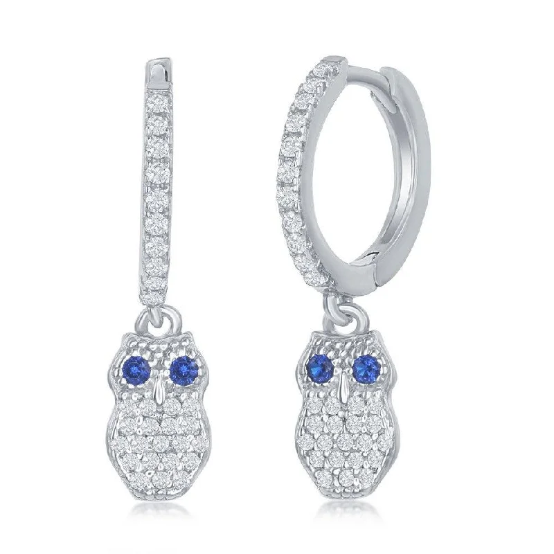 Cute Heart Earrings-Sterling Silver Small Huggie Hoop CZ Owl Earrings