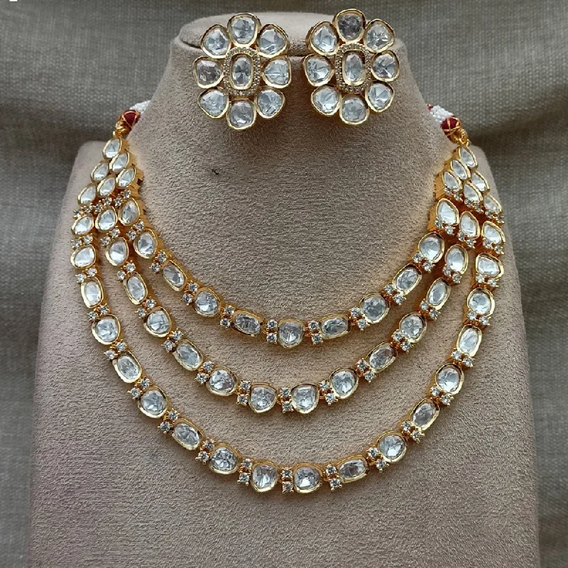 Custom Couples Necklace-Royal Kundan Jewellery Gold Plated Polki Kundan Multi Layer Necklace Set