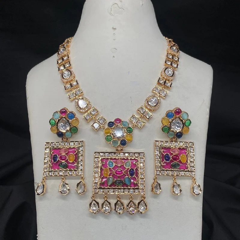 Luxury Sapphire Necklace-Royal Kundan Jewellery Gold Plated Polki Kundan Necklace Set