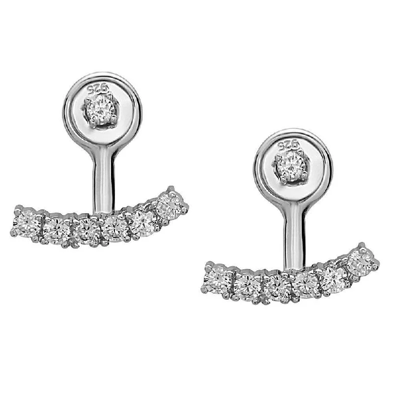 Designer Silver Earrings-Sterling Silver Curved CZ Bar Bottom Earrings