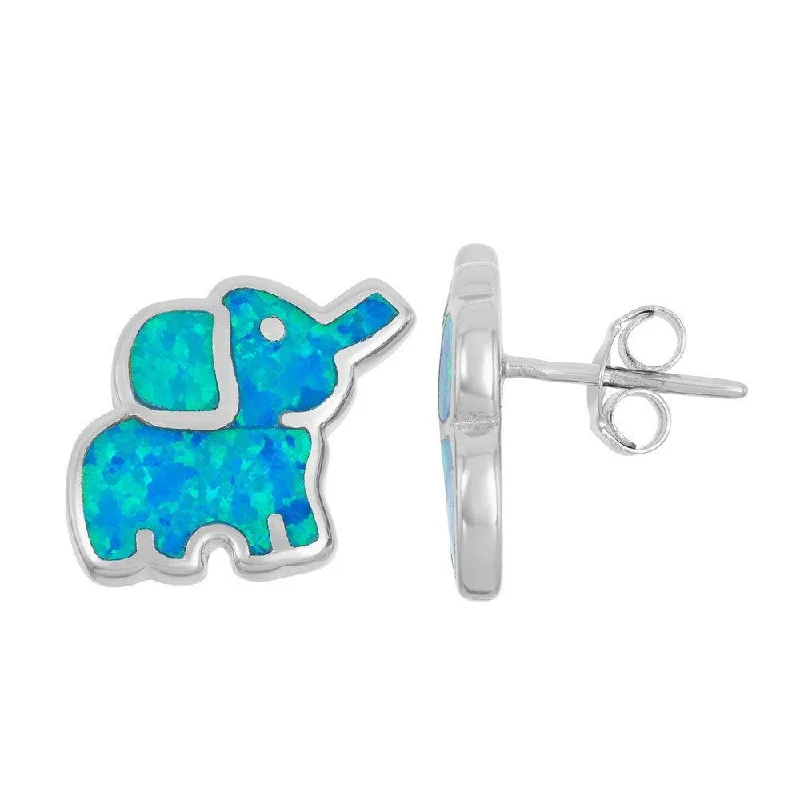 Gold Diamond Stud Earrings-Sterling Silver Blue Inlay Elephant Stud Earrings