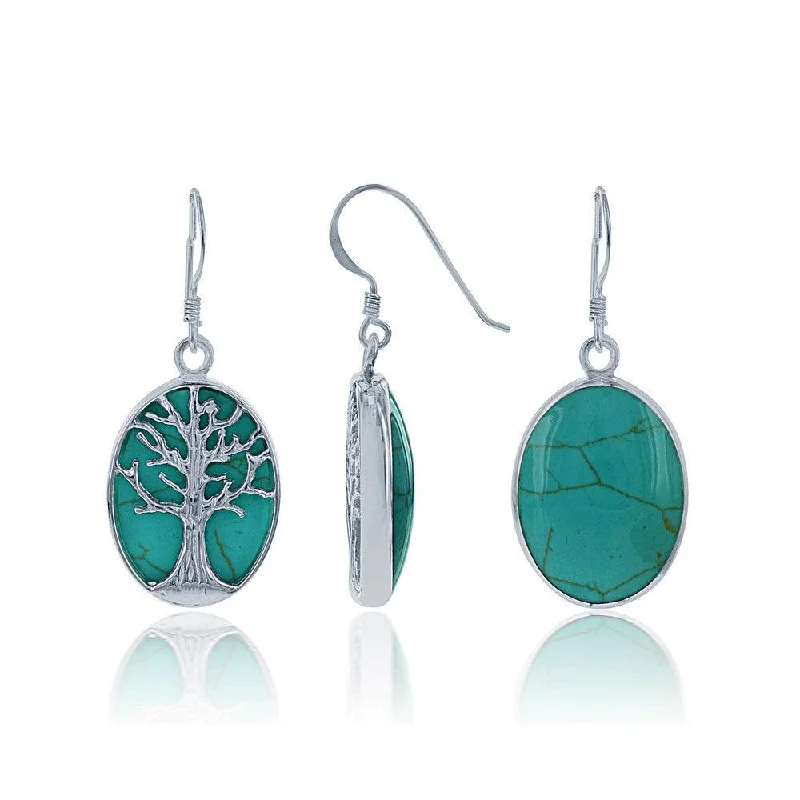 Silver Dangle Earrings-Sterling Silver Green Turquoise with Tree Earrings