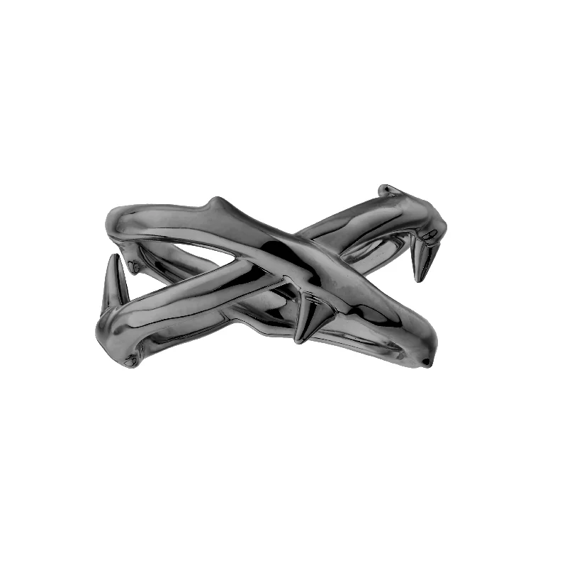 Fashionable Cocktail Ring-Rose Thorn Wide Band Ring - Silver Black Rhodium