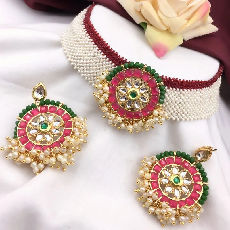 Luxurious Sapphire Necklace-5G Jewellery Gold Plated Kundan And Pearl Choker Necklace Set