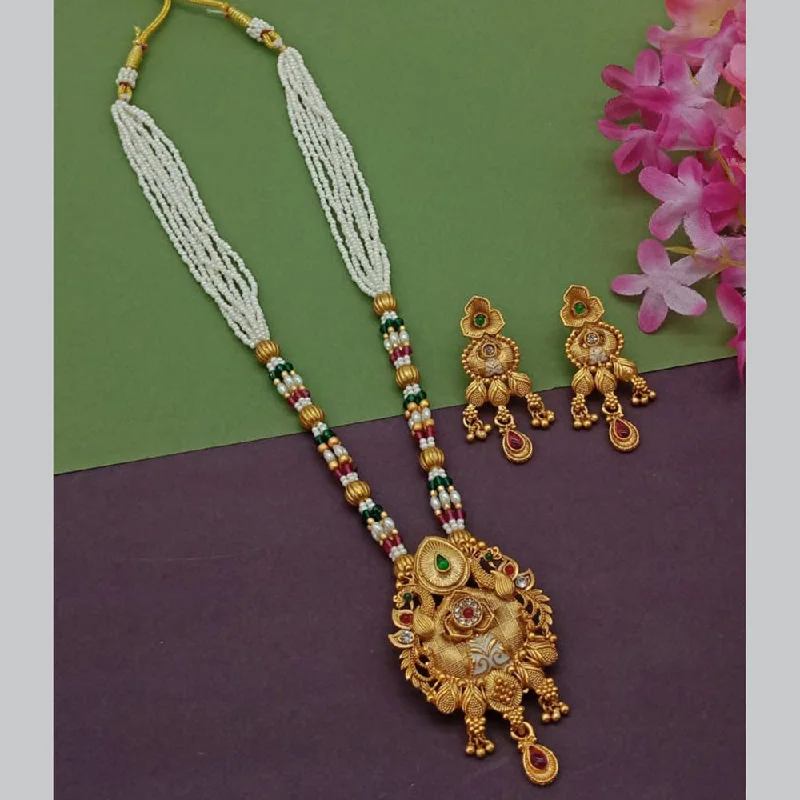 Birthstone Pendant Necklace-Sai Fashion Gold Plated Pota Stone Pearl Long Necklace Set