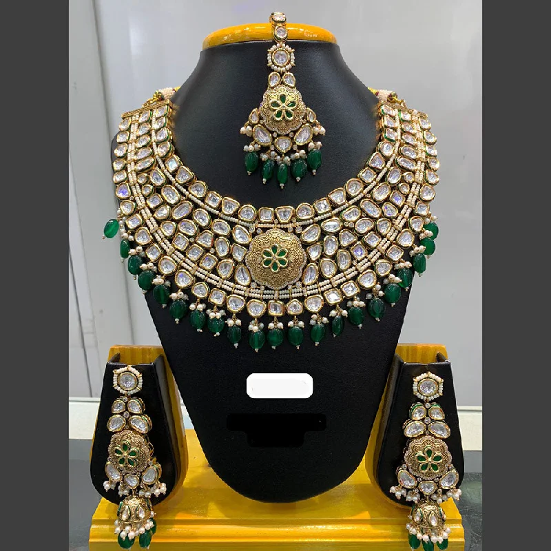 Silver and Gold Necklace-Jain Jewellers Gold Plated Polki Kundan Stone And Pearls Necklace Set