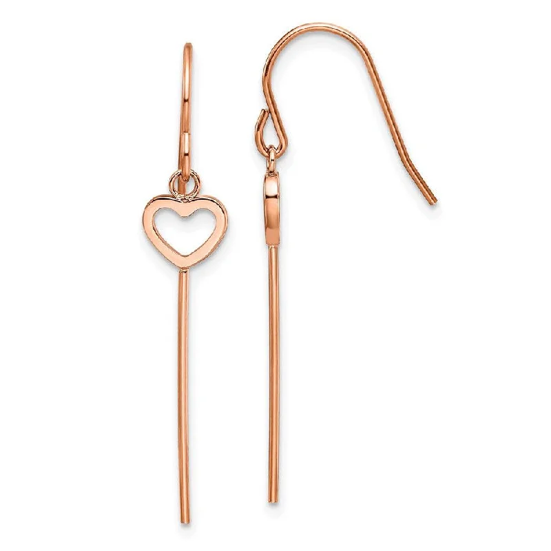 Gold Hoop Earrings-Stainless Steel Polished Rose IP Heart/Bar Dangle Shepherd Hook Earrings