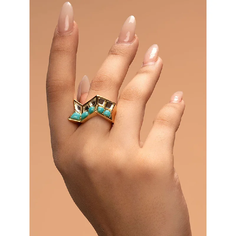 Silver Heart Shaped Ring-Isharya Glow Turquoise Zigzag Ring In 18Kt Gold Plated