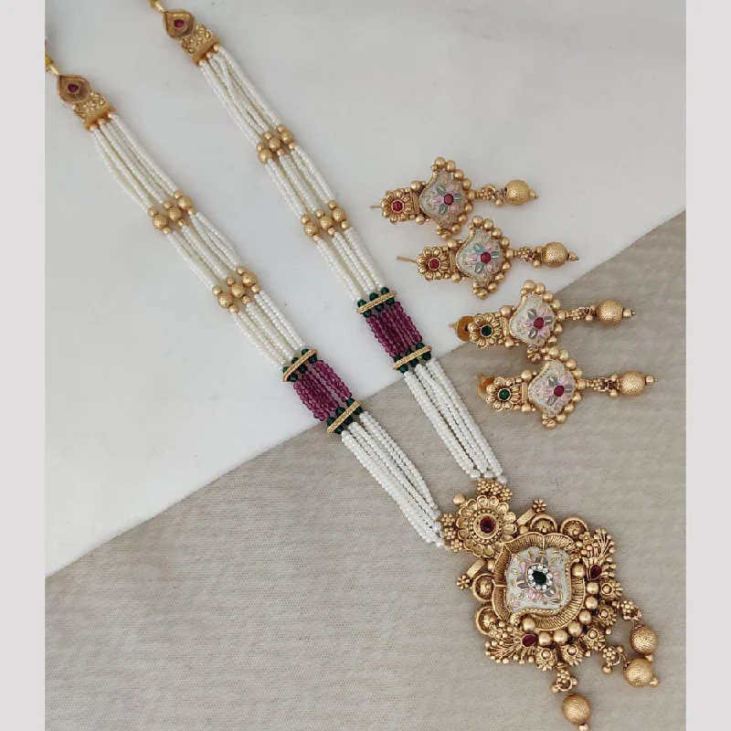 Pearl and Diamond Necklace-Rani Sati Jewels Gold Plated Pota Stone And Pearl Long Necklace Set