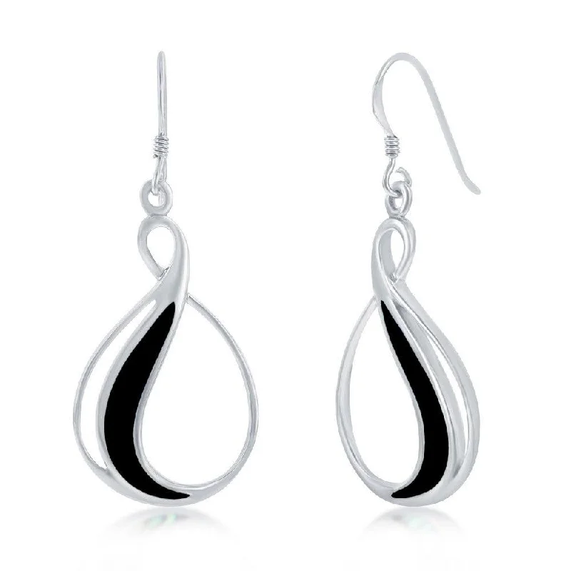 Dangle Hoop Earrings-Sterling Silver Pear Shaped Created Onyx Earrings