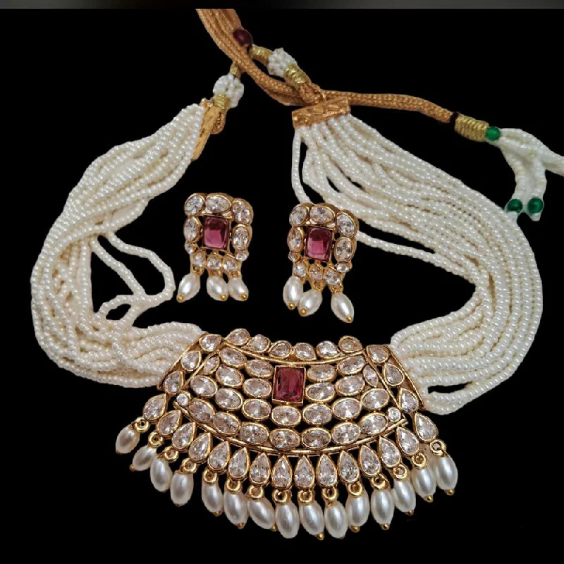 Gold Choker Necklace for Women-Manisha Jewellery Gold Plated Pearl And Kundan Choker Necklace Set