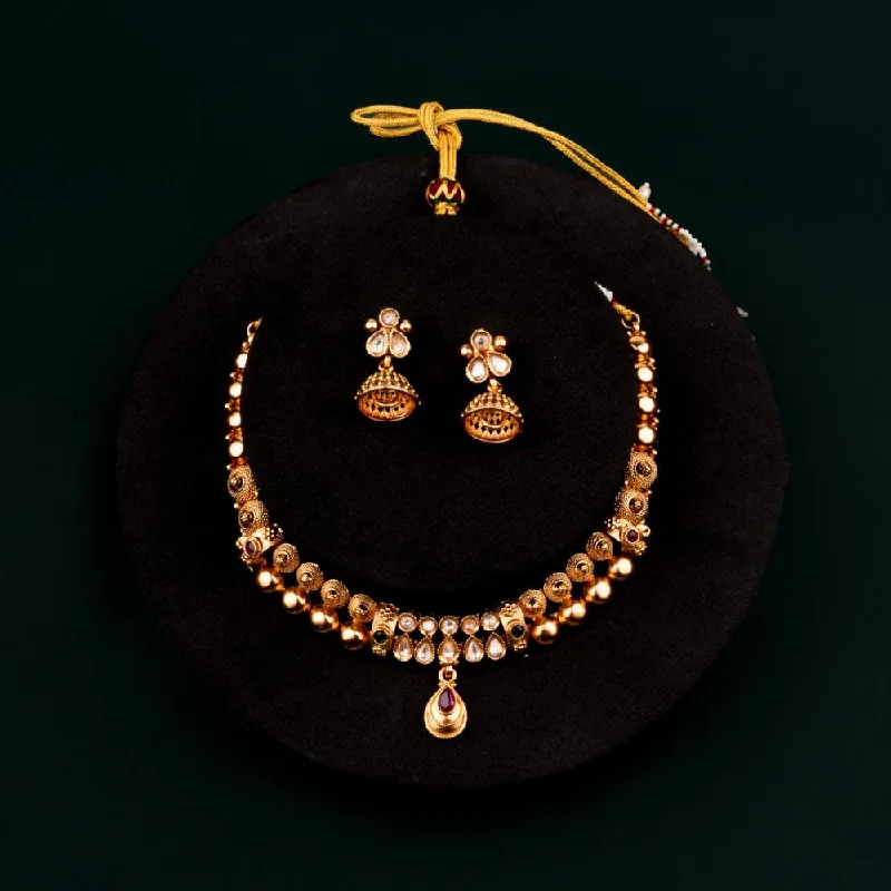 Elegant Pearl Necklace-ChicCharm Jewellery Brass And Copper Gold Plated Uncut Polki Micro Rajwadi Necklace Set