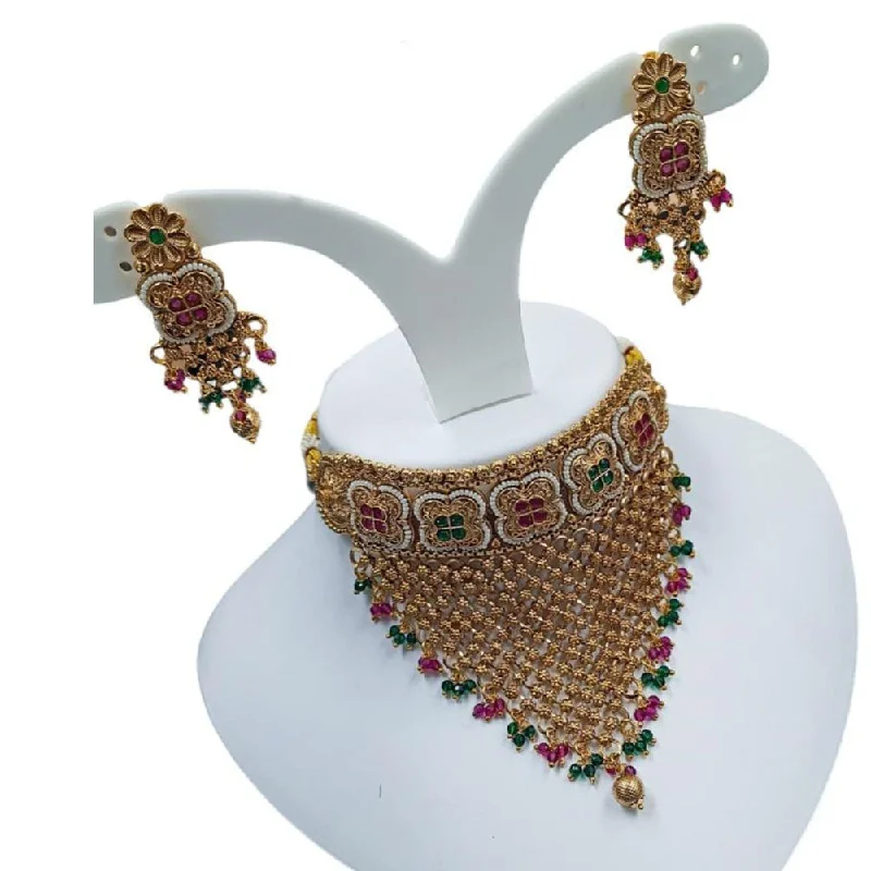 Bridal Wedding Necklace-Akruti Collection Gold Plated Pota Stone And Pearls Choker Necklace Set