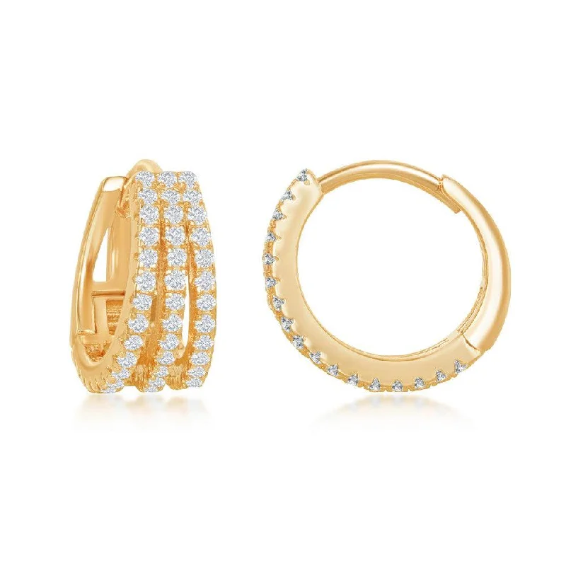 Multicolor Earrings-Sterling Silver Gold Plated Triple Row CZ Hoop Earrings