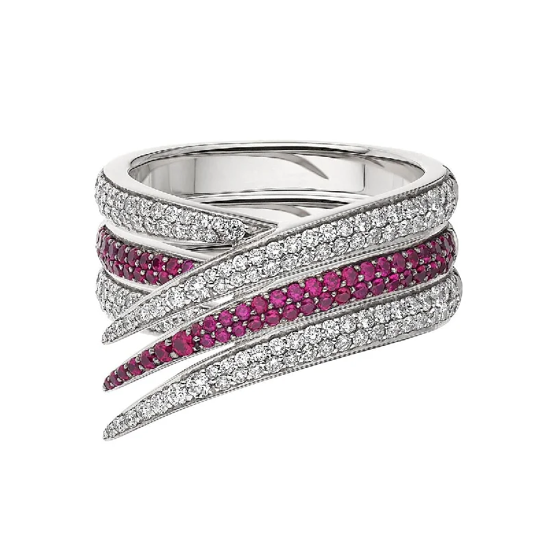 Custom Diamond Wedding Ring-Interlocking Stacked Ring - 18ct White Gold & White Diamond and Pink Sapphire