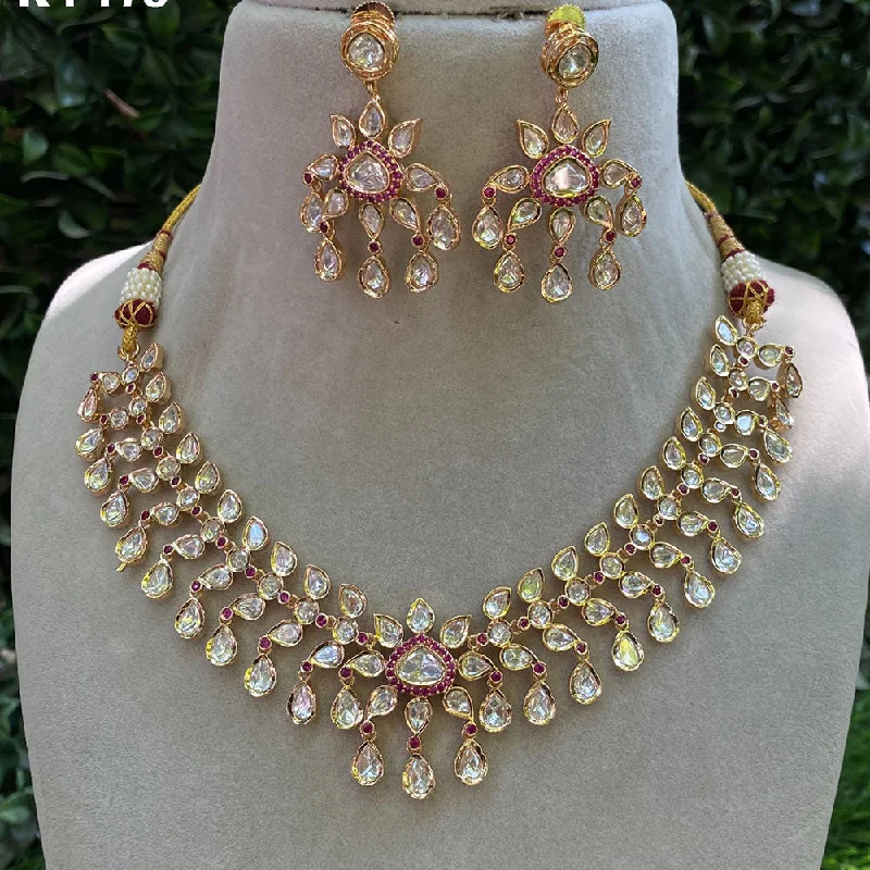 Rose Gold Heart Necklace-Royal Kundan Jewellery Gold Plated Polki Kundan Necklace Set