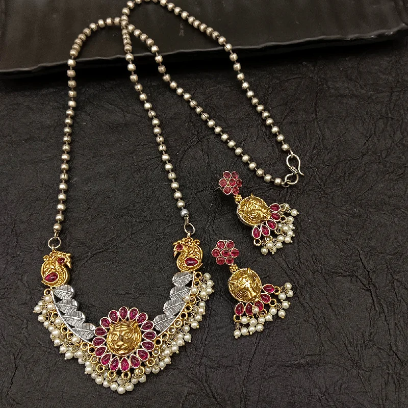 Gold Choker Necklace-Deep Jewell 2 Tone Plated Kundan And Pearl Long Necklace Set