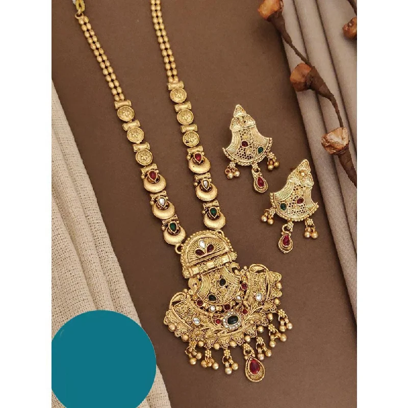 Gold Bead Necklace-Akruti Collection Gold Plated Kundan Long Necklace Set