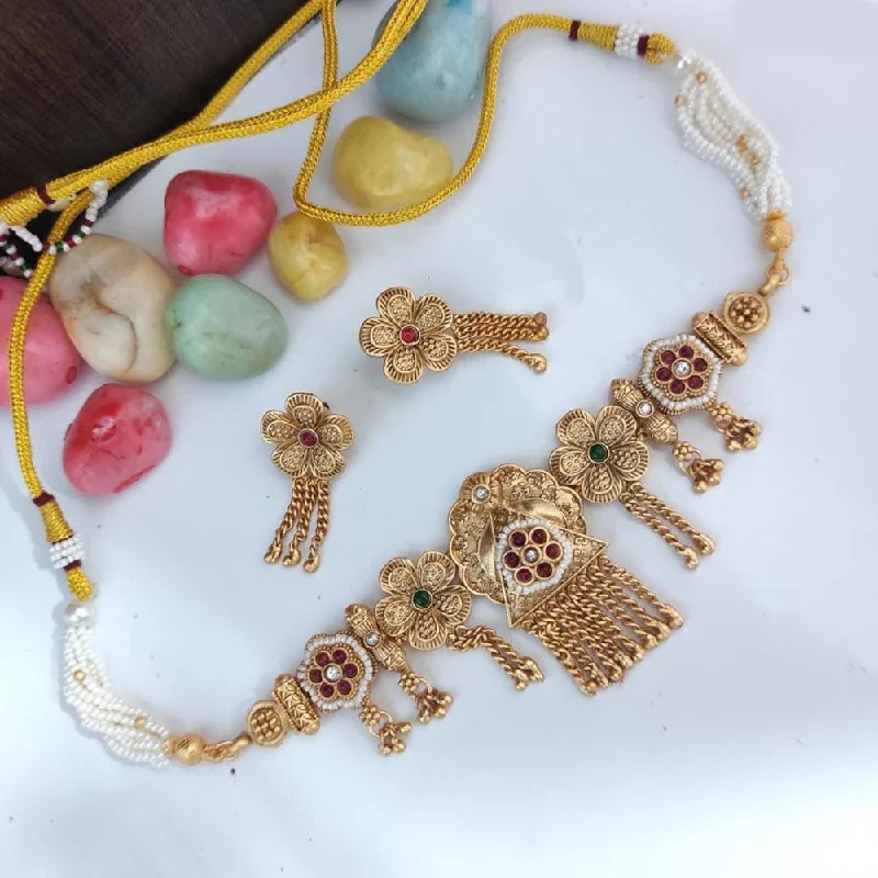 Birthstone Pendant Necklace-Heera Jewellers Gold Plated Pota Stone And Pearls Choker Necklace Set