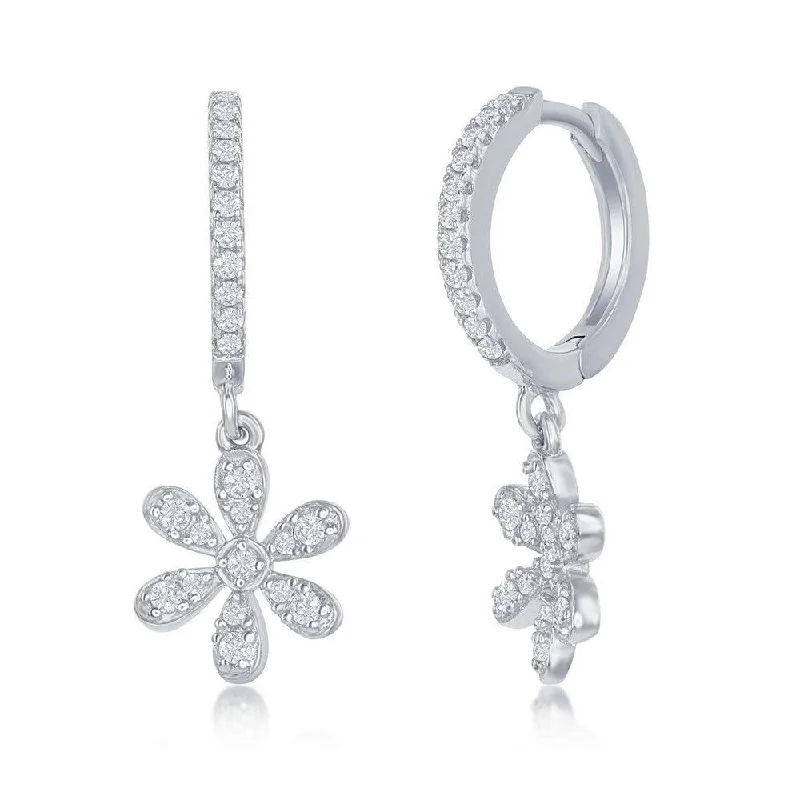 Elegant Crystal Earrings-Sterling Silver Small Huggie Hoop Flower Earrings