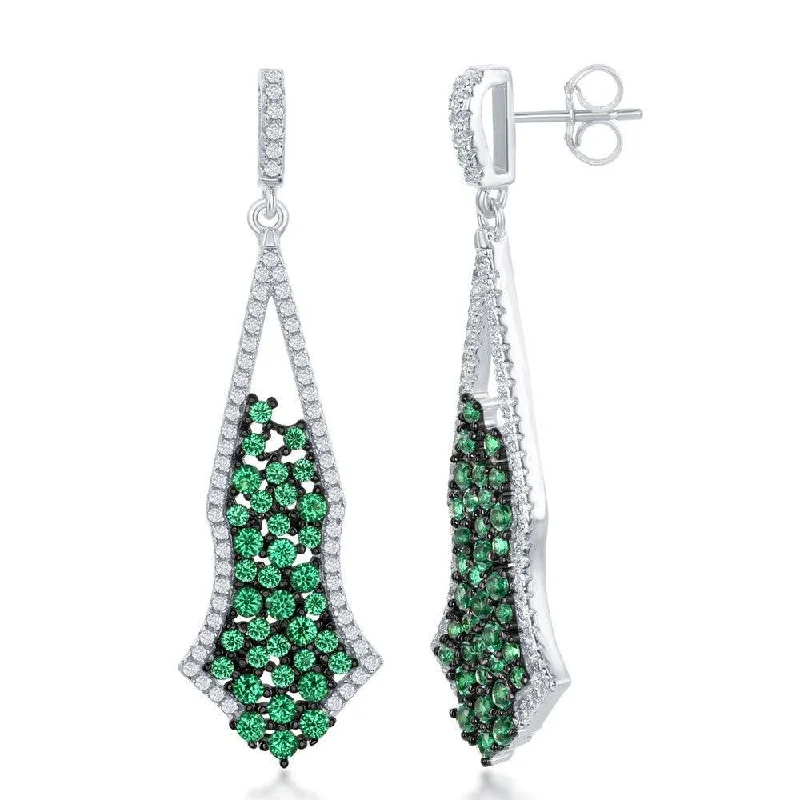 Pearl Drop Earrings-Sterling Silver Green CZ Center Long Earrings