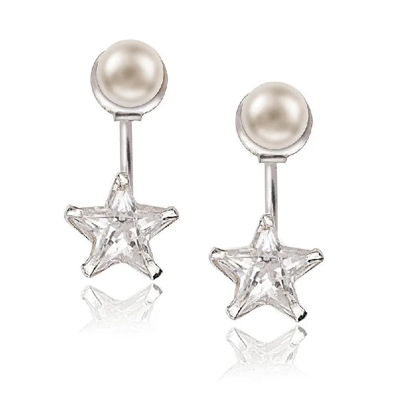 Dainty Silver Earrings-Sterling Silver Pearl Front with Star Back Earrings