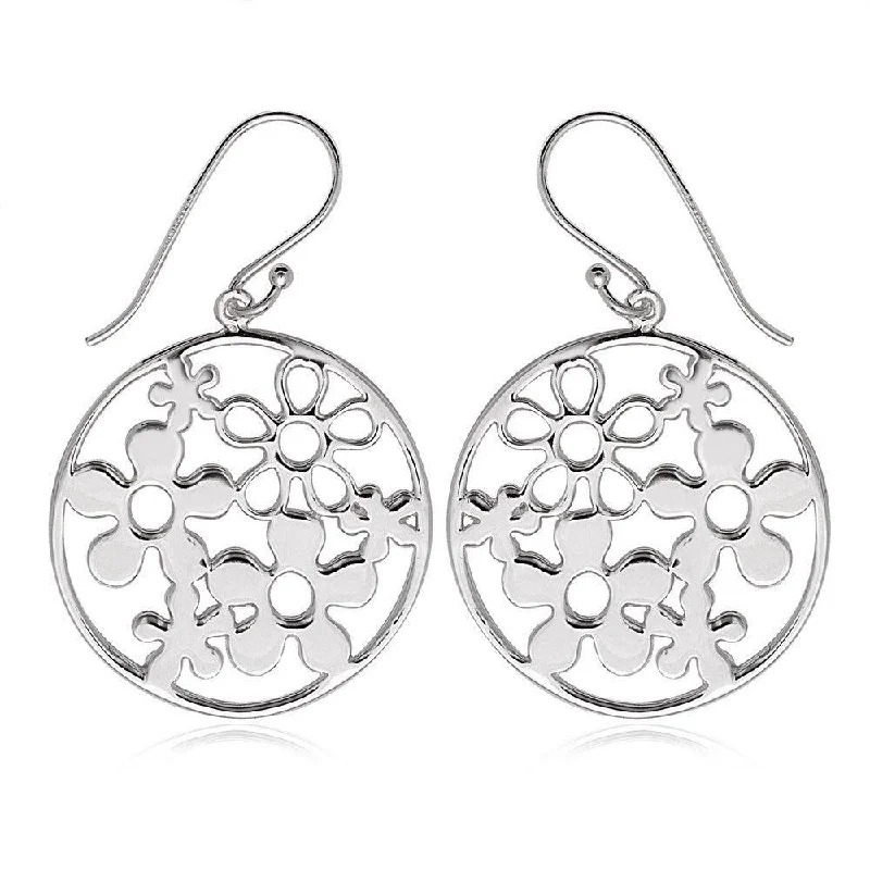 Large Crystal Earrings-Sterling Silver Open Circle with Multiple Flowers Earrings