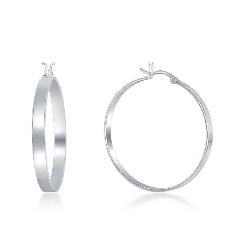 Elegant Cluster Earrings-Sterling Silver Rhodium Plated Flat Hoop Earrings, 4 x 30 mm